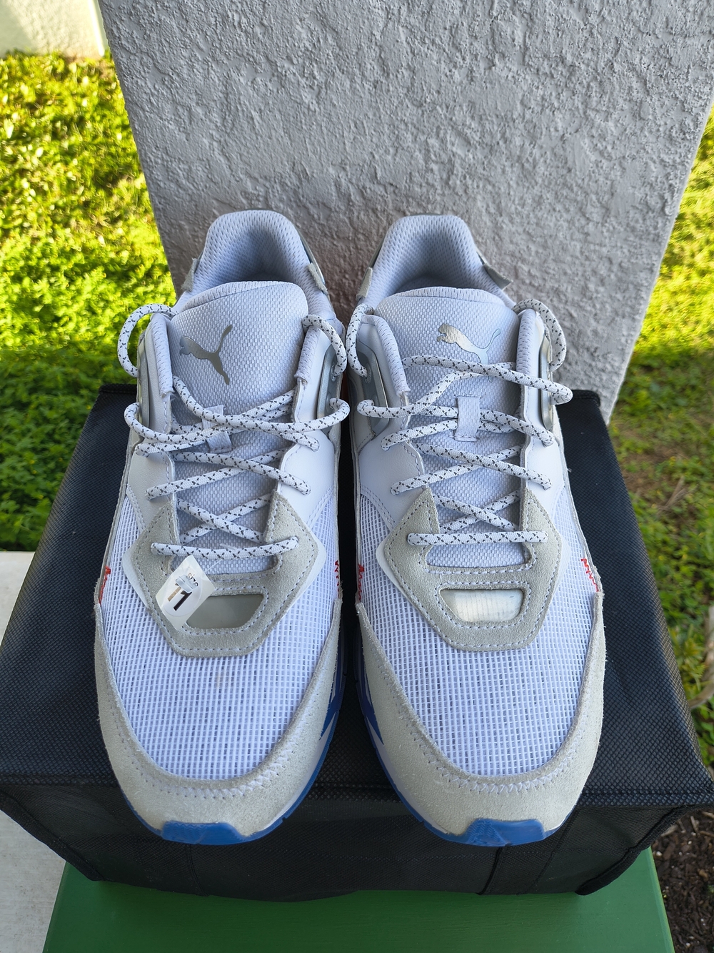 PUMA White Mesh & Gray Suede Men’s Sneakers with Blue Accents